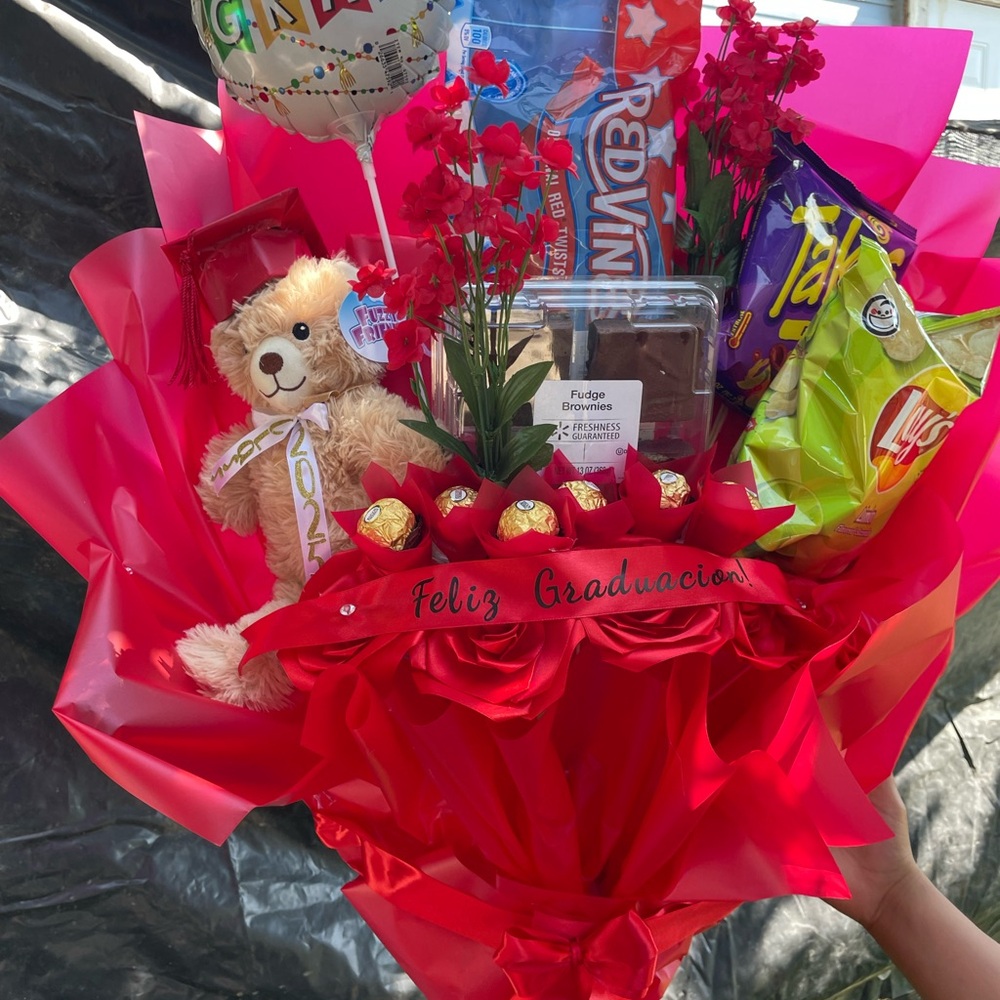 Red Graduation Gift Basket with Teddy Bear and Snacks